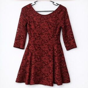 Lush Burgundy Lace Mini Dress 3/4 Sleeve Fit & Flare Size M
